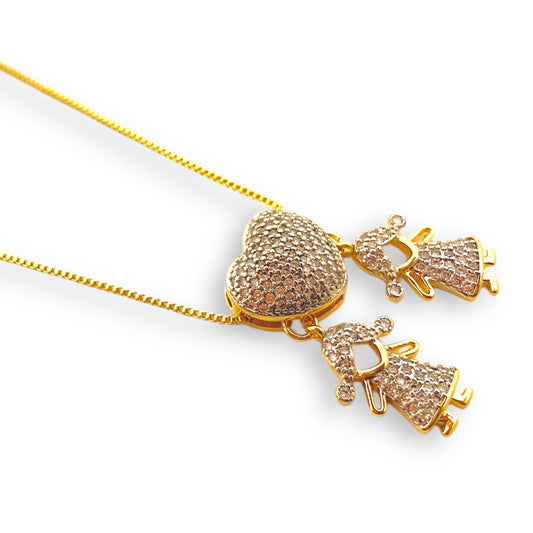 Colar Mãe de Meninas com Coração Cravejado em Zircônias Banhado em Ouro 18K image 0