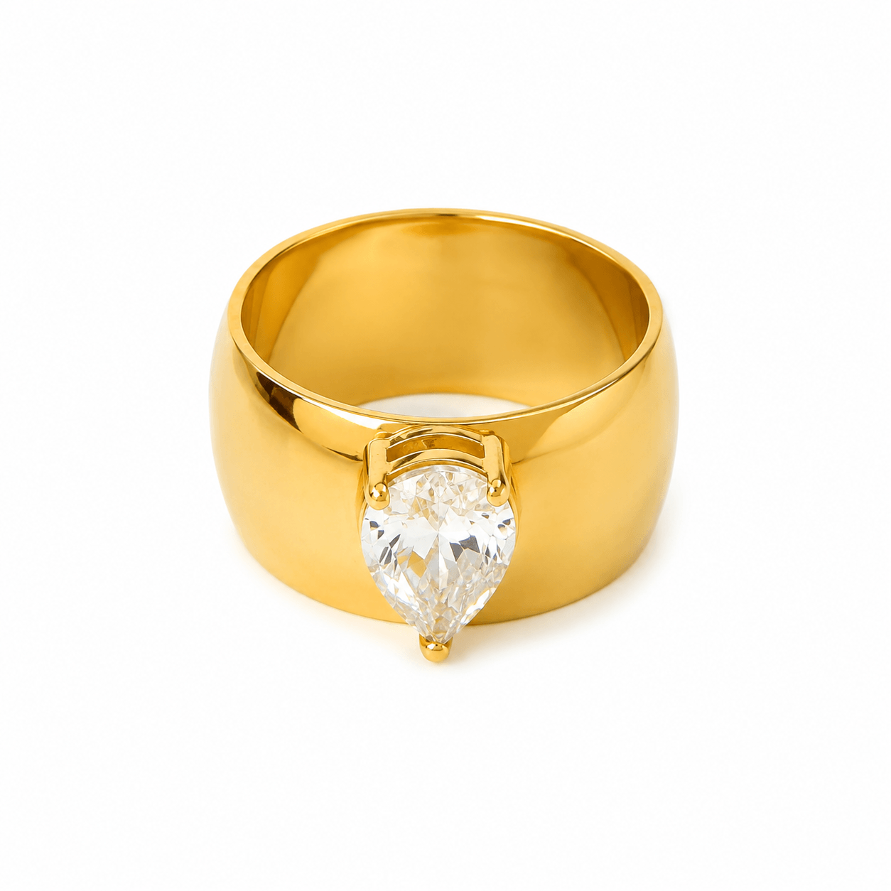 Anel com detalhe em Zircônia Cristal Luxo em aço inoxidável 316L com banho em Ouro 18K e tecnologia PVD